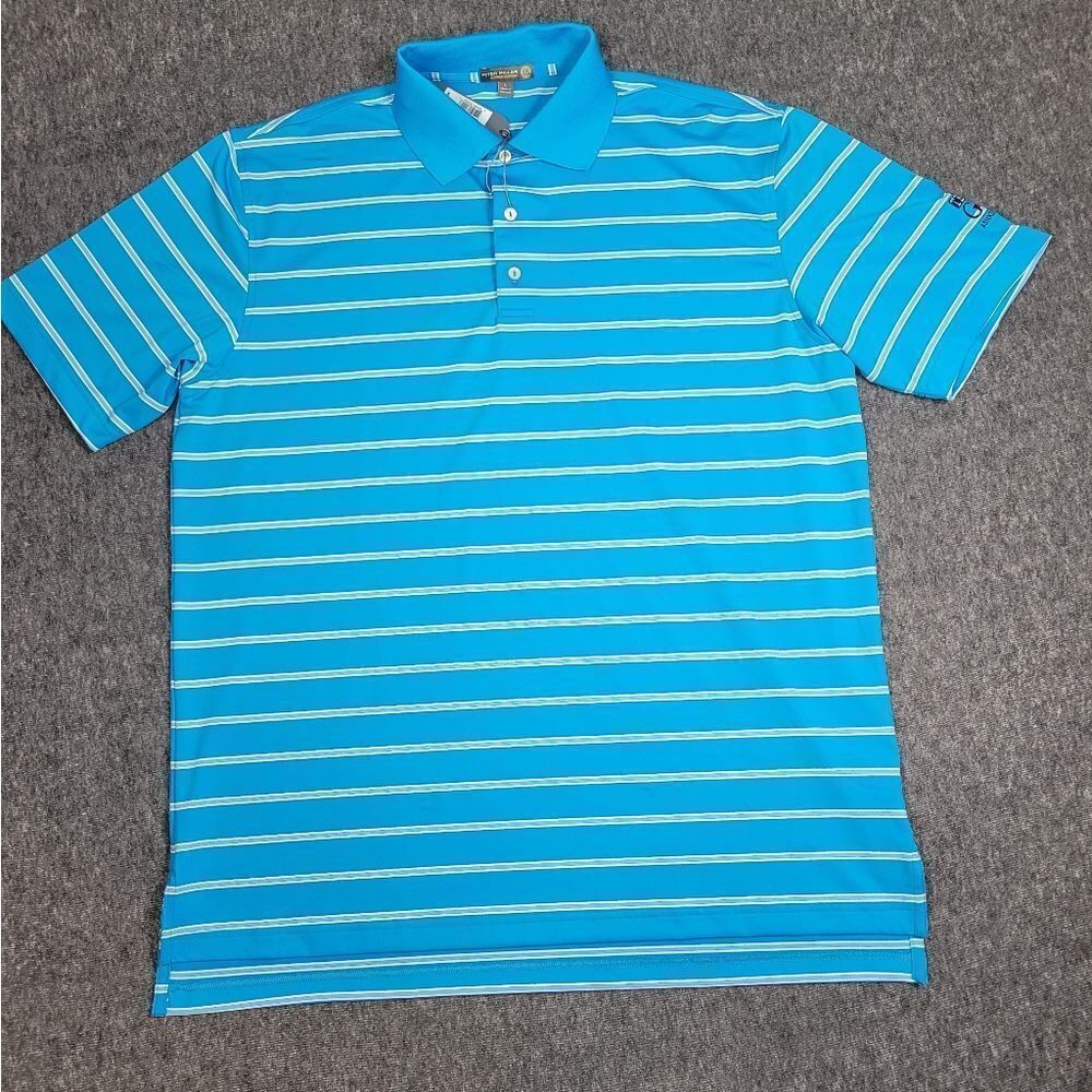 Peter Millar Summer Comfort Mens Size L Golf Polo Shirt Striped Aqua Blue New